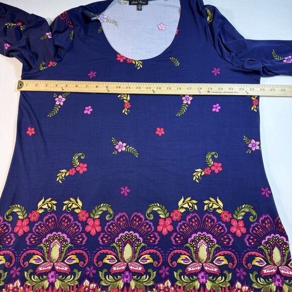 Plus Size Slinky Brand Stretchy Blue & Red Floral Top Size 1X Flattering Shaping - Picture 7 of 16